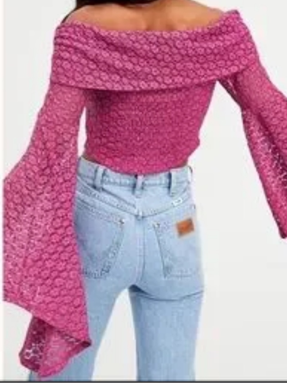 FREE PEOPLE LOLA OFF-SHOULDER LACE CROPPED BELL SLEEVE TOP BURGUNDY SZ L - Picture 5 of 13